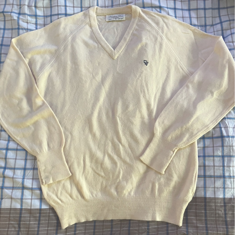 Vintage Christian Dior Monsieur V-Neck Pullover Sweater Mens M Cream USA